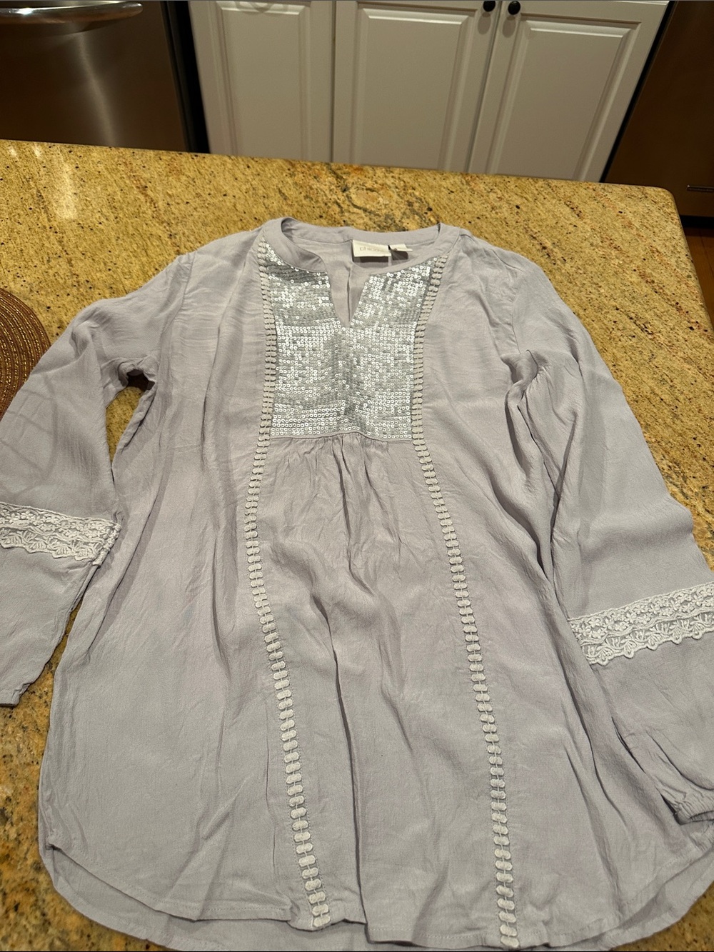 Chicos Blouse Womens Large Gray Sequin Shine Tunic Top Shirt Flowy Balloon NWT